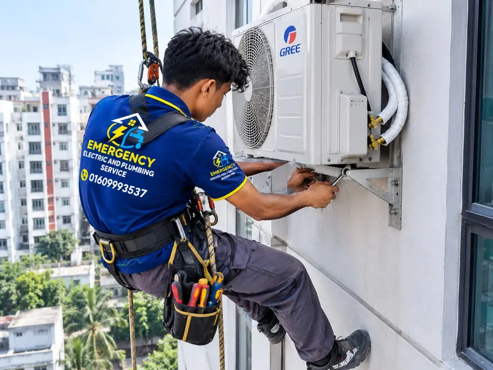 Technician fitting an AC outdoor unit on an outside wall